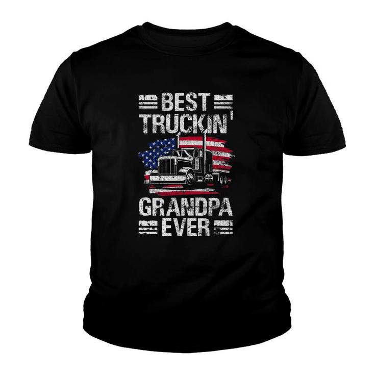 Mens Best Truckin Grandpa Ever Usa Flag Semi Truck Driver Gift Youth T-shirt