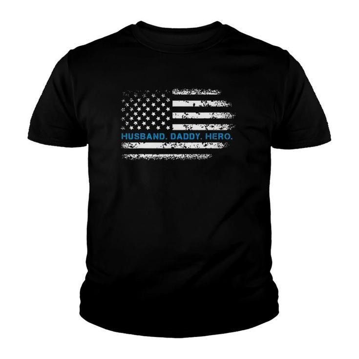 Mens Husband Daddy Hero Thin Blue Line Police Support Father Youth T-shirt