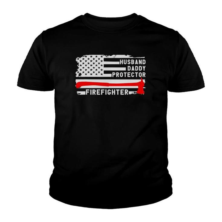 Mens Husband Daddy Protector Firefighter American Flag Fireman Youth T-shirt