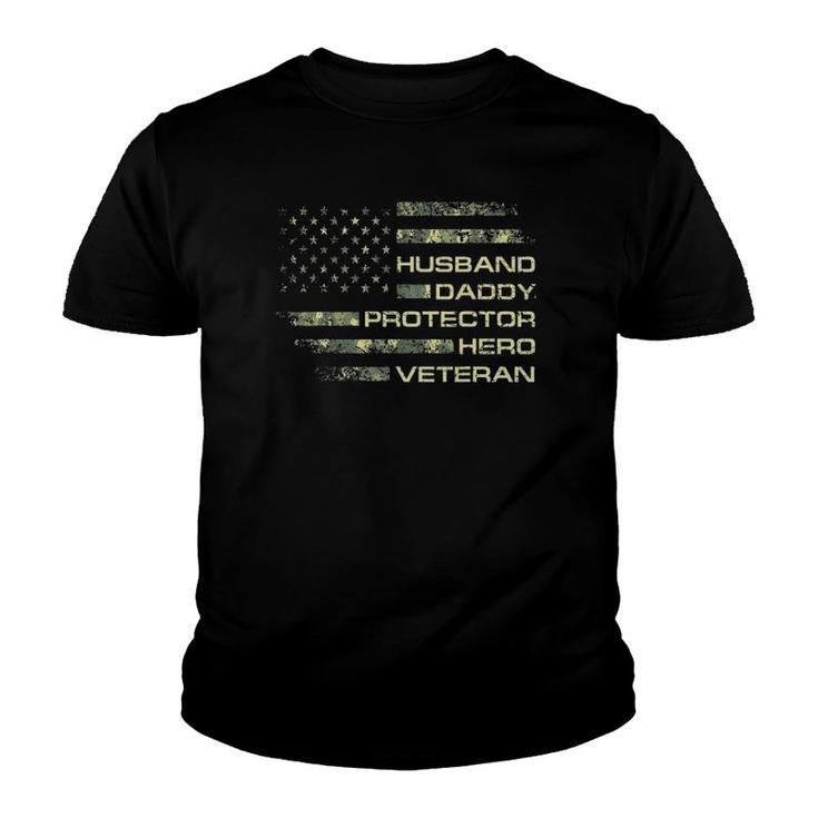 Mens Husband Daddy Protector Hero Veteran Usa Flag Camouflage Dad Youth T-shirt