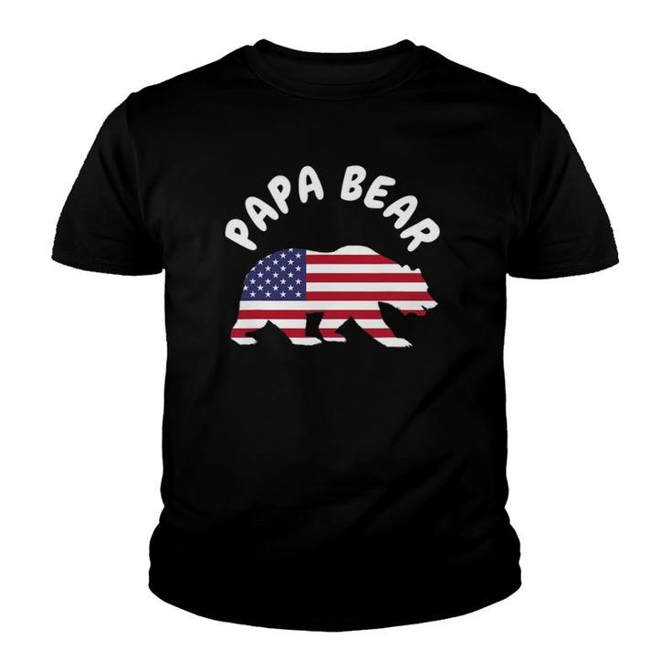 Mens Papa Bear Father's Day Usa American Flag 4Th Of July Youth T-shirt