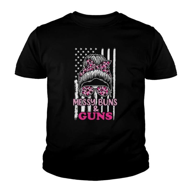 Messy Buns And Gunsfor Women Wife Mom Pink Leopard Youth T-shirt