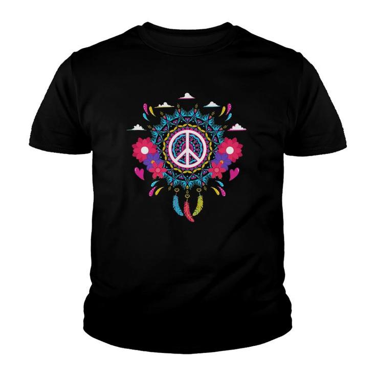 Native Wind Catcher Wind Spinner Boho Mandala Peace Sign Youth T-shirt