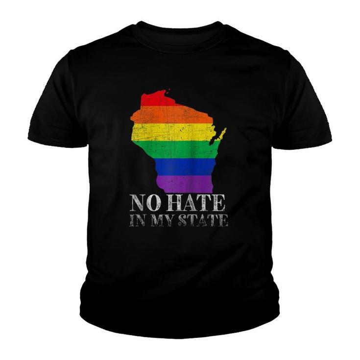 No Hate In My State Wisconsin Map Lgbt Pride Rainbow Gift Raglan Baseball Tee Youth T-shirt