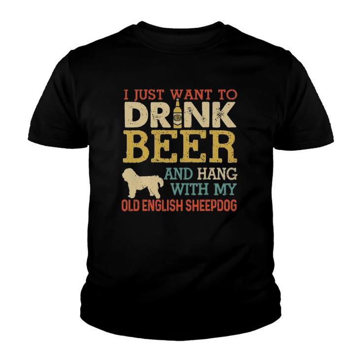 Old English Sheepdog Dad Drink Beer Hang With Dog Funny Men Youth T-shirt