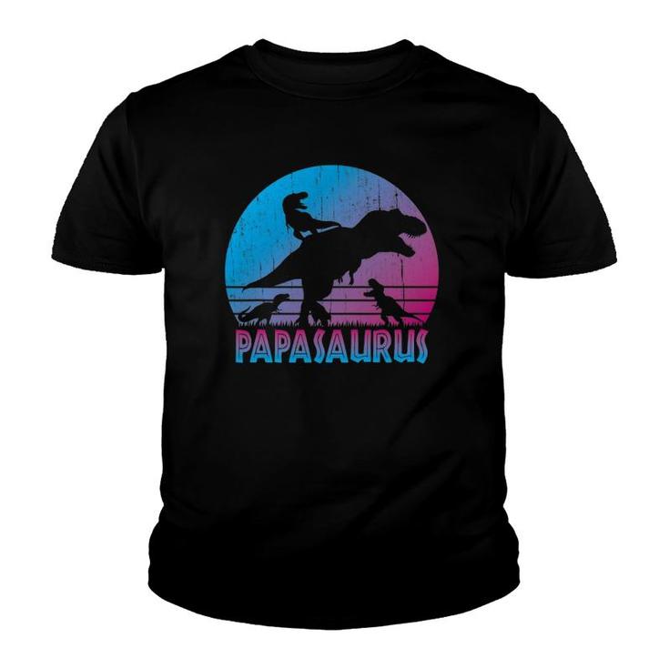 Papasaurus 3 Kids Vintage Retro Sunset Funny Gift For Dad Youth T-shirt