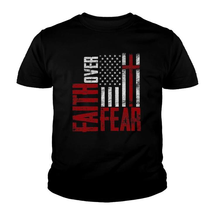 Patriotic Devotee Usa Flag Cross Faith Over Fear Jesus Youth T-shirt
