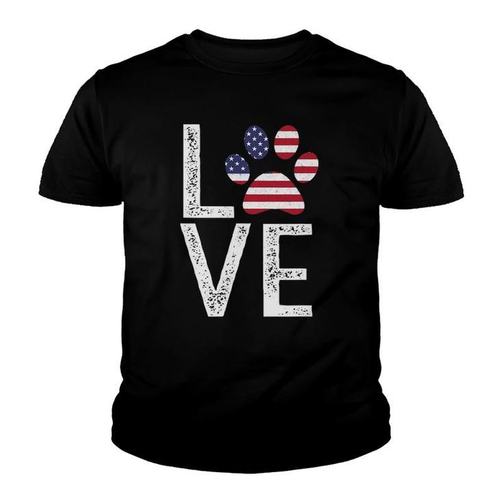Patriotic Love Paw Print American Flag Dog Owner Youth T-shirt
