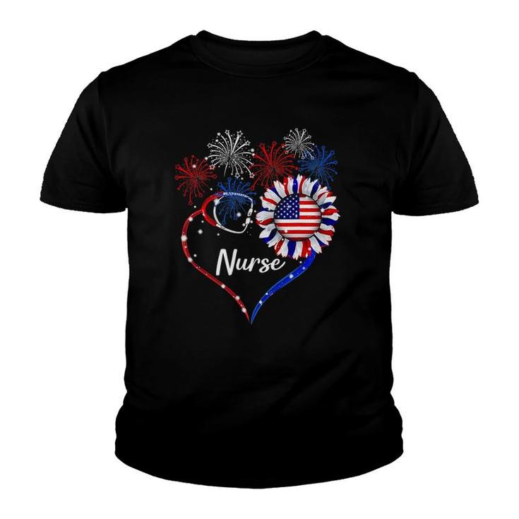 Patriotic Nurse 4Th Of July American Flag Sunflower Love Youth T-shirt