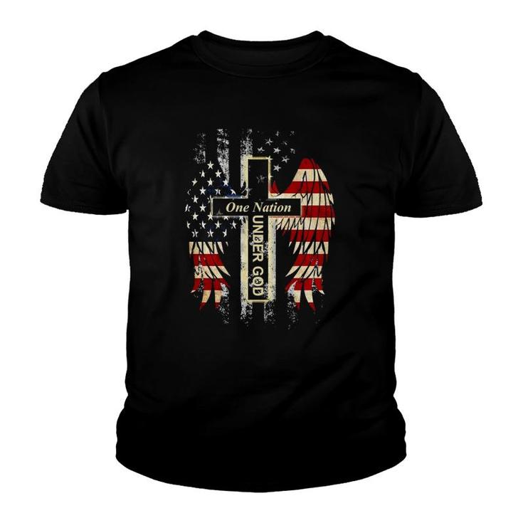 Patriotic One Nation Under God American Flag Faith Cross Youth T-shirt