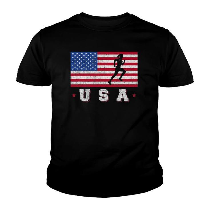 Patriotic Sports Gift American Usa Flag Track And Field Youth T-shirt
