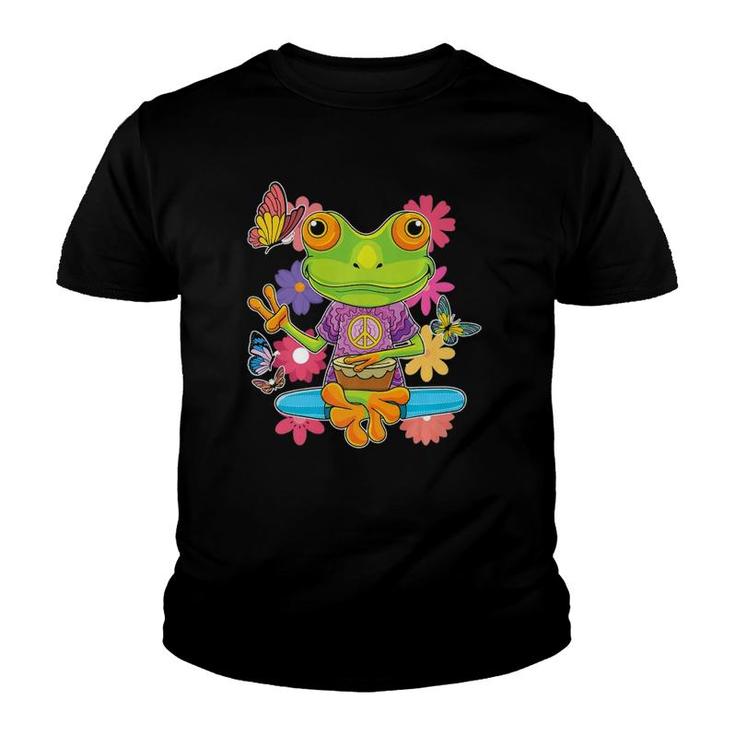 Peace Hand Sign Hippie Retro Trippy Colorful Frog 60S 70S  Youth T-shirt
