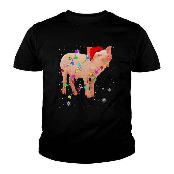 Pig Christmas Lights Funny Xmas Santa Hat Animals Lover Youth T-shirt