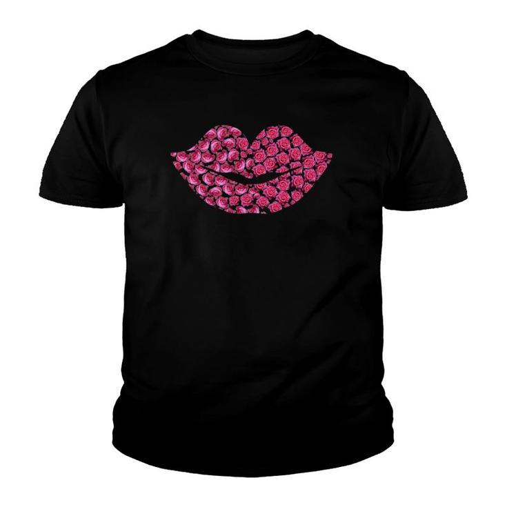 Pink Rose Flowers Lips Roses Lovers Floral Valentine's Day Youth T-shirt