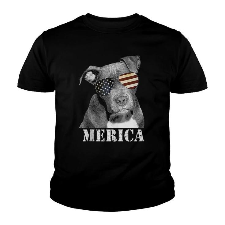 Pitbull Funny Merica Patriotic Dog 4Th July Usa Flag Shades  Youth T-shirt