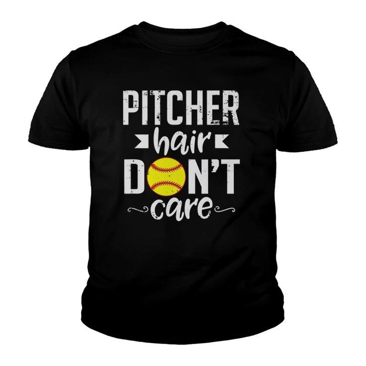 Pitcher Hair Don't Care Cute Softball Team Sports Youth T-shirt
