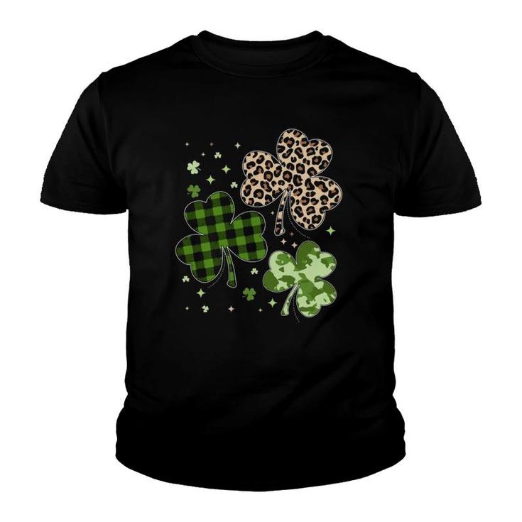 Plaid Shamrock  St Patricks Day Leopard Camouflage Fun  Youth T-shirt