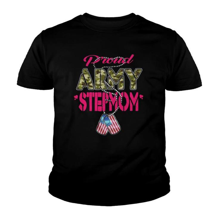 Proud Army Stepmom Us Flag Dog Tag Patriotic Military Mother  Youth T-shirt