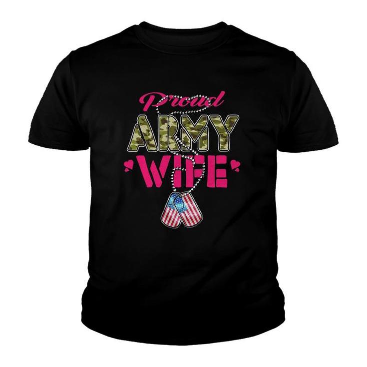 Proud Army Wife Camo Us Flag Dog Tags Pride Military Spouse  Youth T-shirt