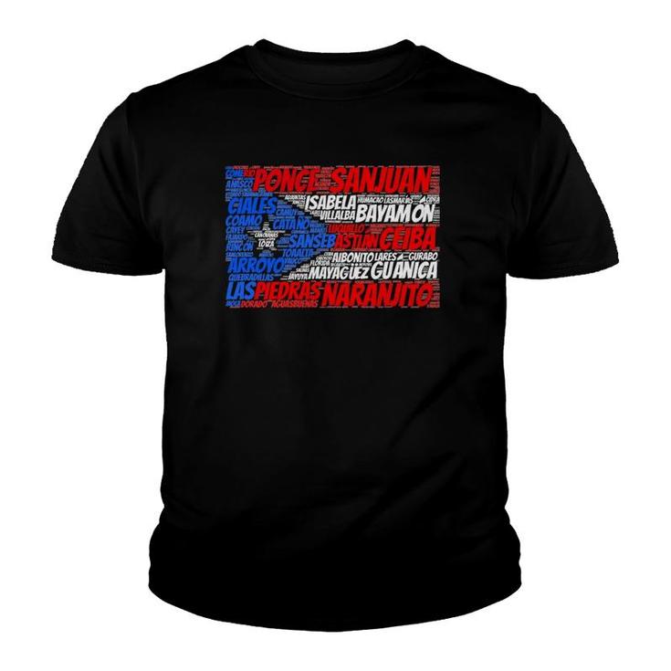Puerto Rican Flag With Towns And Cities Of Puerto Rico Gift Youth T-shirt