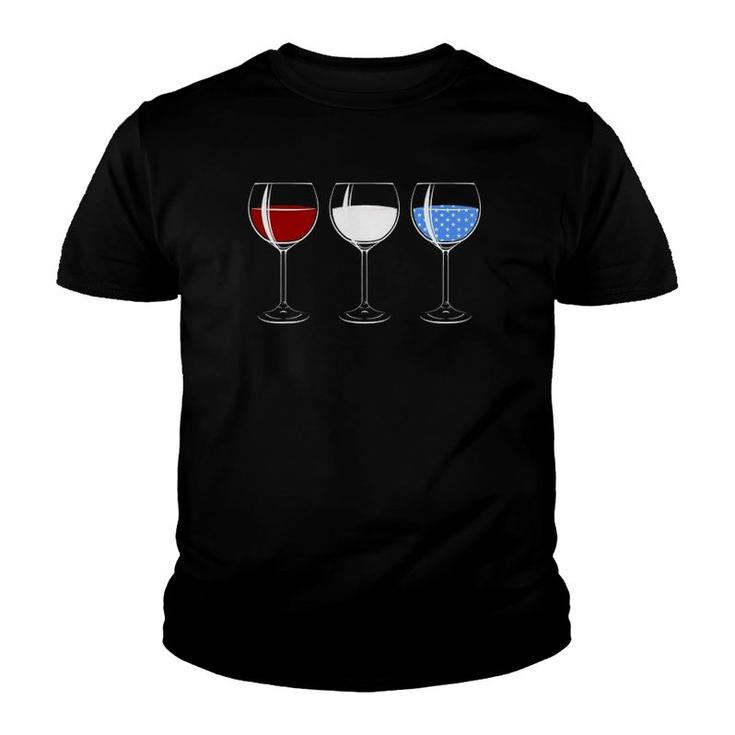 Red White Blue Wine Glasses American Flag 4Th Of July Youth T-shirt