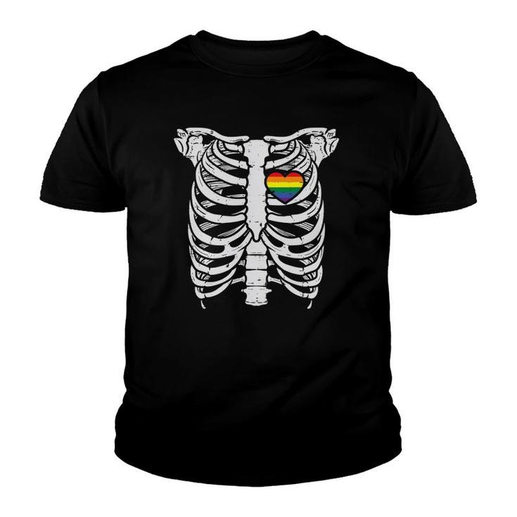 Skeleton Xray Ribs Halloween Heart Lgbtq Gay Pride Ally Youth T-shirt
