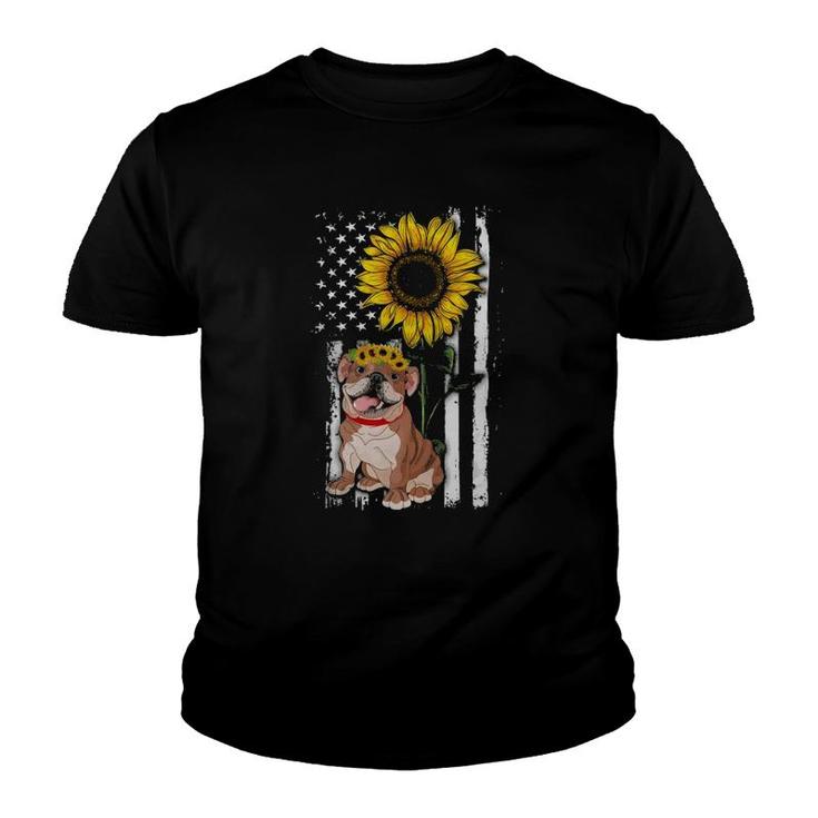Sunflower American Flag Patriotic English Bulldog Dog Mom Dad Pet Lovers Youth T-shirt