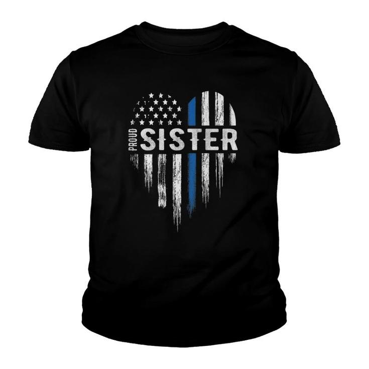 Thin Blue Line Heart Proud Sister Police Design On Back Youth T-shirt