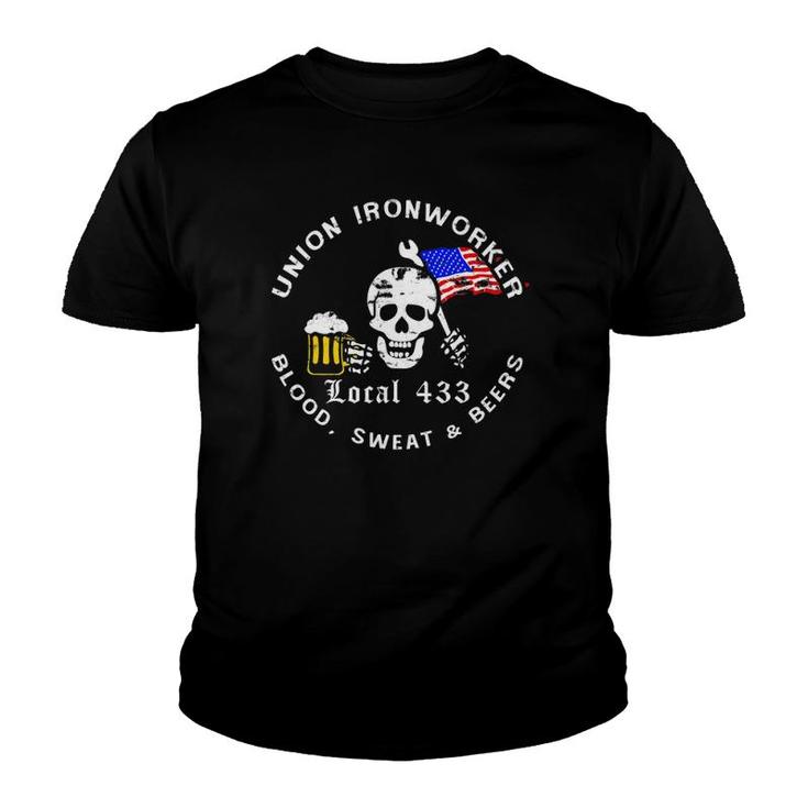 Union Ironworker Local 433 Blood Sweat & Beers Flag Tee Youth T-shirt