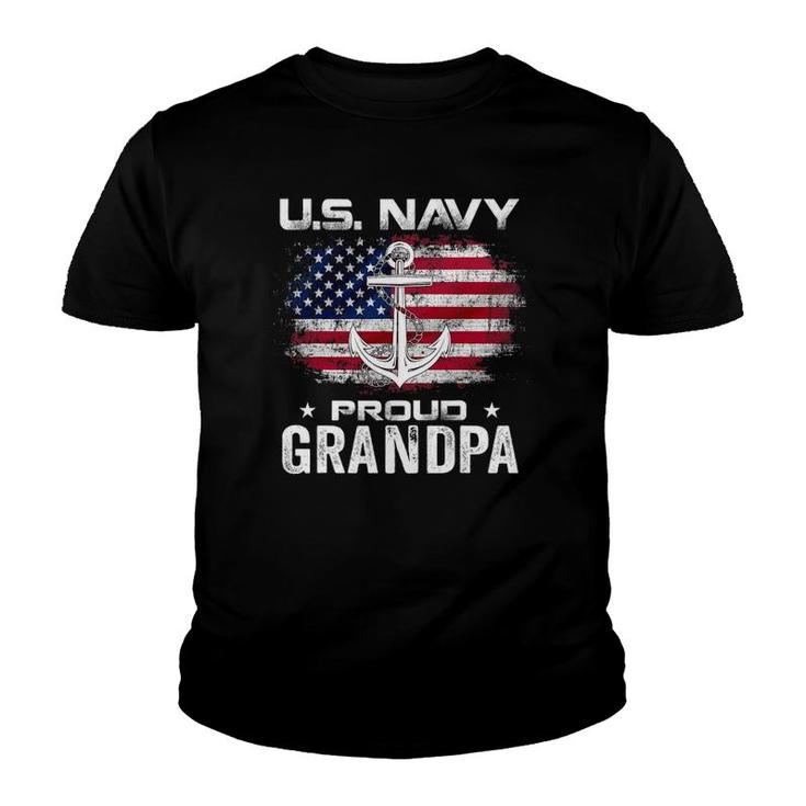 US Navy Proud Grandpa With American Flag Gift Veteran Youth T-shirt