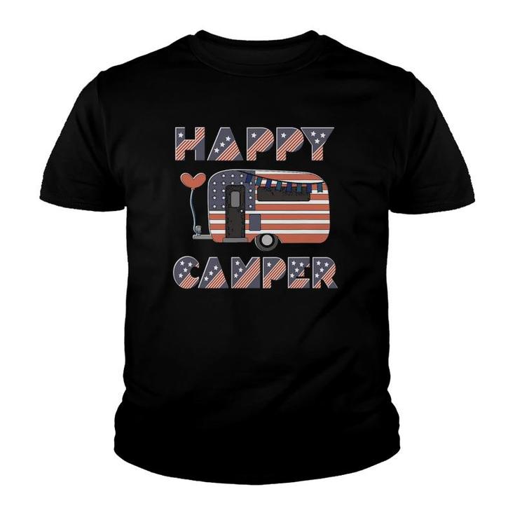 Usa Happy Camper Us Flag Patriotic 4Th Of July American Crew Youth T-shirt