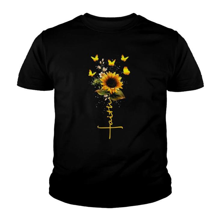 Vintage Faith Cross Sunflower Butterflies Flowers Christians Youth T-shirt
