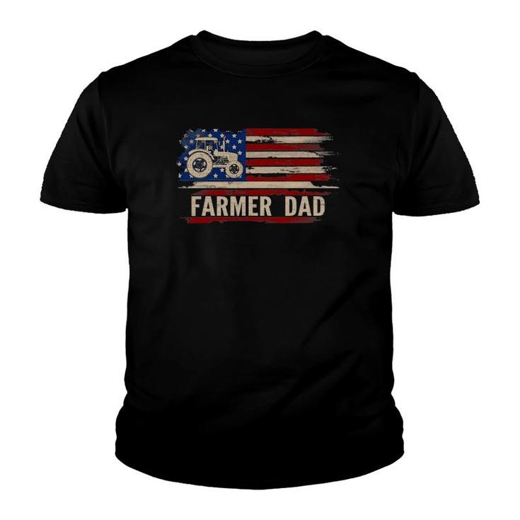 Vintage Farmer Dad American Usa Flag Farming Tractor Gift Youth T-shirt
