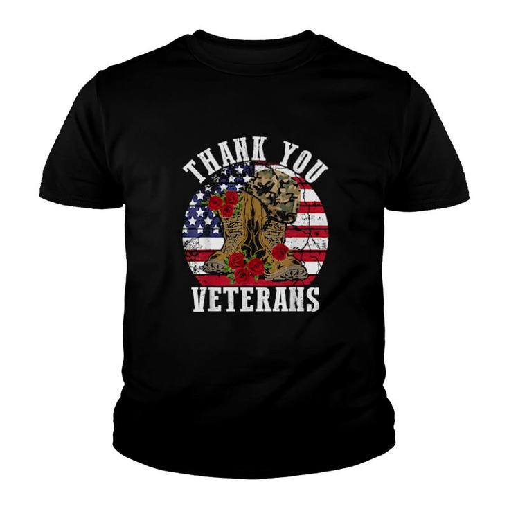Vintage Thank You Veterans Combat Boots Flower Veterans Day  Youth T-shirt