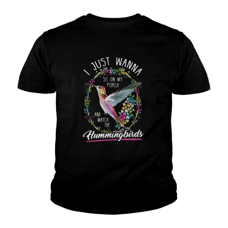 Watch The Hummingbirds Floral Wreath Watercolor Hummingbirds Bird Watching Lover Youth T-shirt