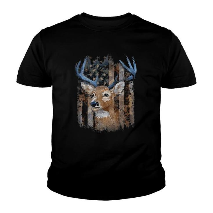 Whitetail Buck Deer Hunting American Flag Buck Hunting Youth T-shirt