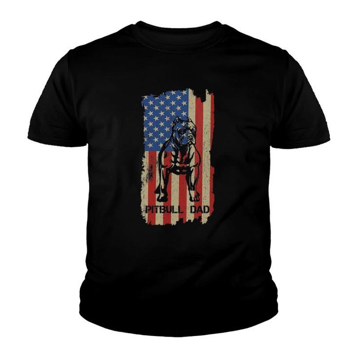 Womens American Flag Pitbull Dad Cool Dog Daddy Patriot 4Th July V-Neck Youth T-shirt