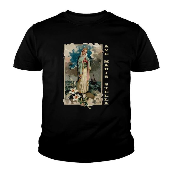Womens Ave Maris Stella Lady Blessed Mother Mary Latin Catholic V-Neck Youth T-shirt
