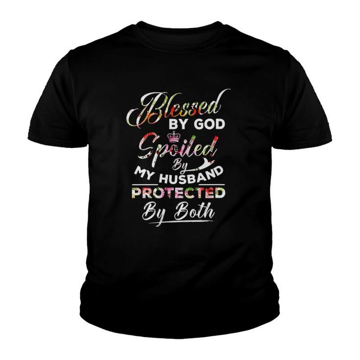 Womens Blessed By God Spoiled By My Husband Protected By Both V-Neck Youth T-shirt