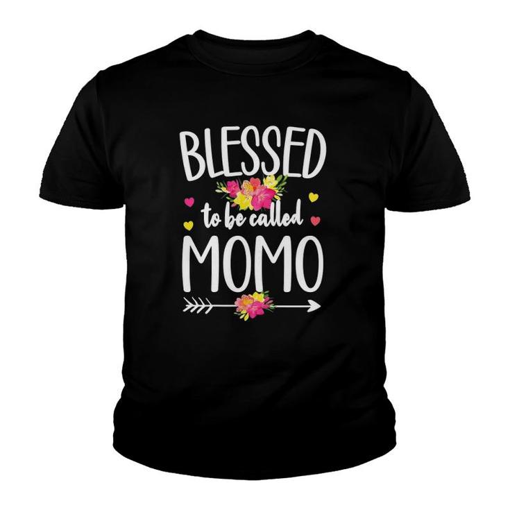 Womens Blessed To Be Called Momo Grandma Flowers Momo Grandmother Youth T-shirt
