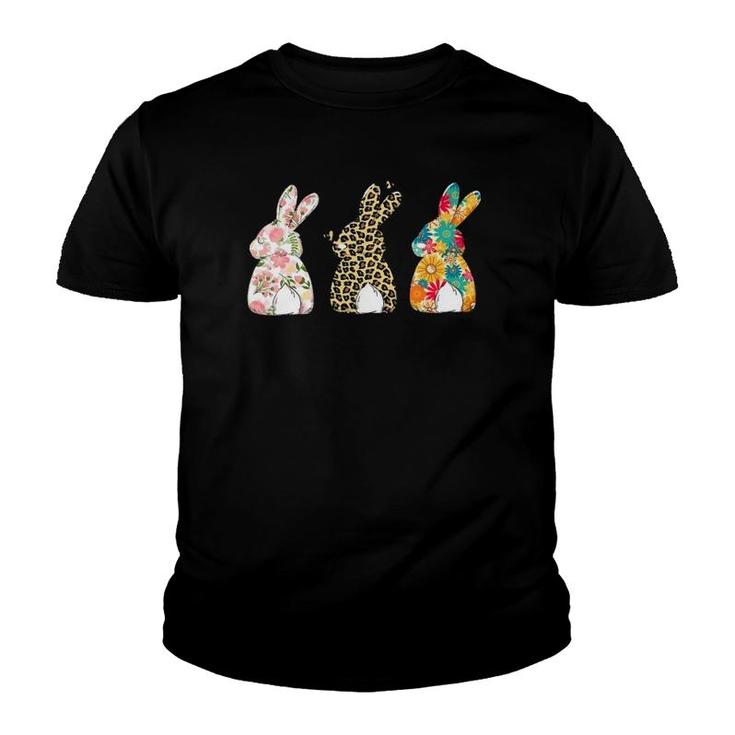 Womens Cute Easter Bunnies Leopard Bunny And Flower Bunnies Youth T-shirt
