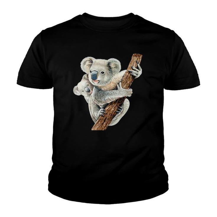 Womens Cute Koala Bear And Baby Realistic Watercolor V-Neck Youth T-shirt