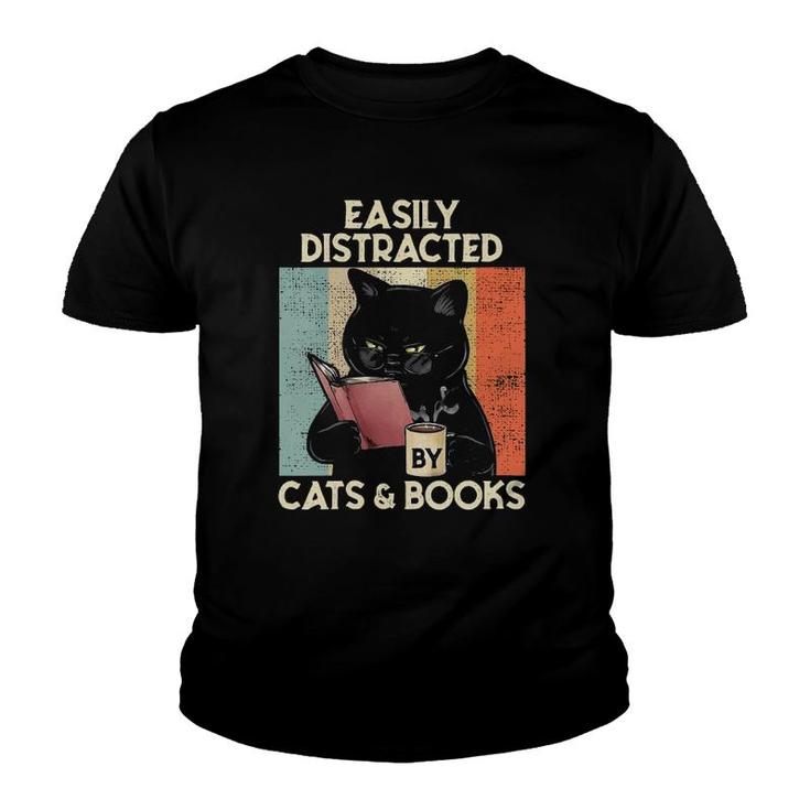 Womens Easily Distracted By Cats And Books For Cat Lovers V-Neck Youth T-shirt