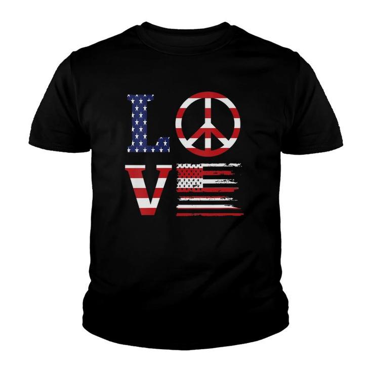 Womens Funny Patriotic 4Th Of July Love American Flag Peace Sign V-Neck Youth T-shirt