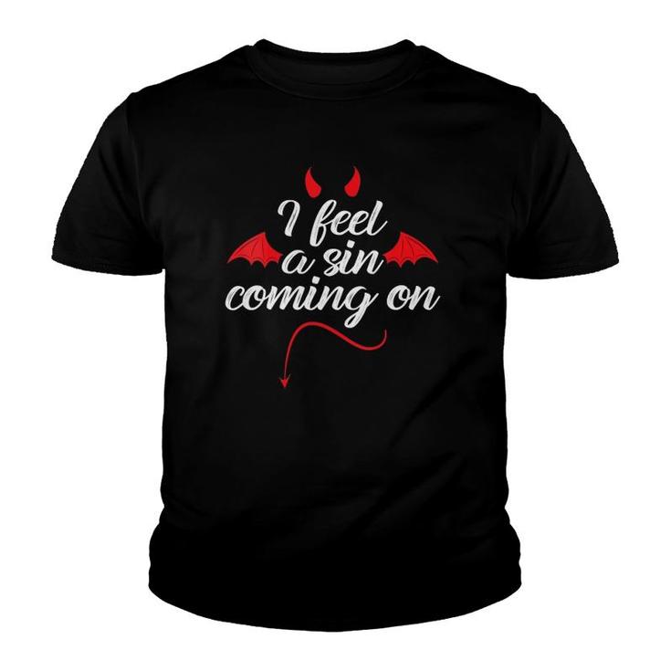 Womens I Feel A Sin Coming On Halloween Devil Horns And Tail Lover V-Neck Youth T-shirt