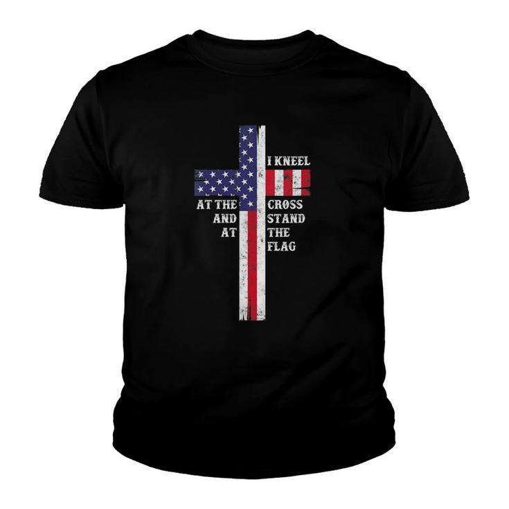 Womens I Kneel At The Cross And Stand At The Flag Men Women V-Neck Youth T-shirt