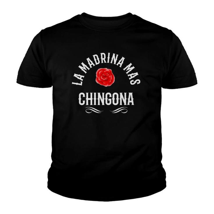 Womens La Madrina Mas Chingona Spanish Godmother Rose V-Neck Youth T-shirt