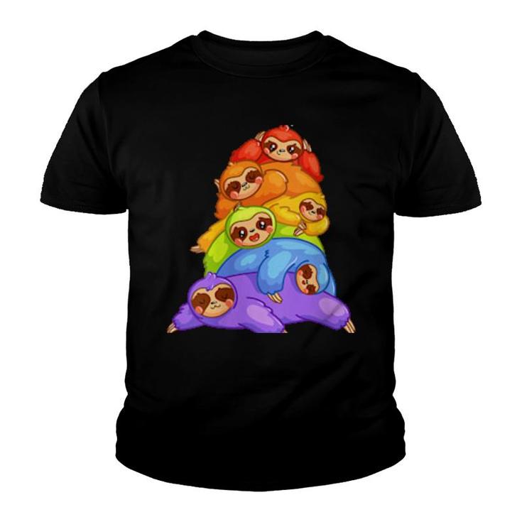 Womens Lgbt Gay Pride Flag Lgbtq Community Cute Kawaii Sloth Pile  Youth T-shirt
