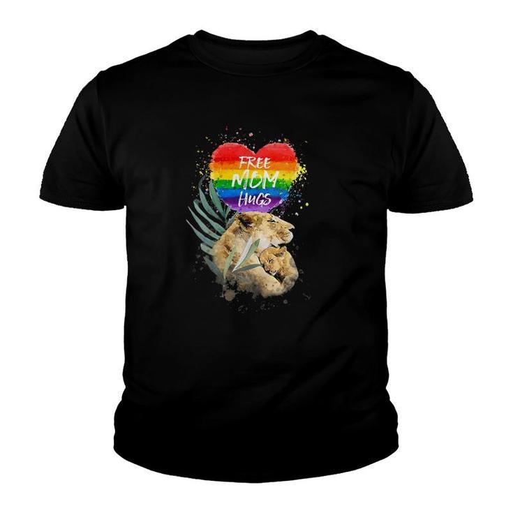 Womens Lgbt Pride Mama Lion Rainbow Free Mom Hugs Love Mothers Day V-Neck Youth T-shirt