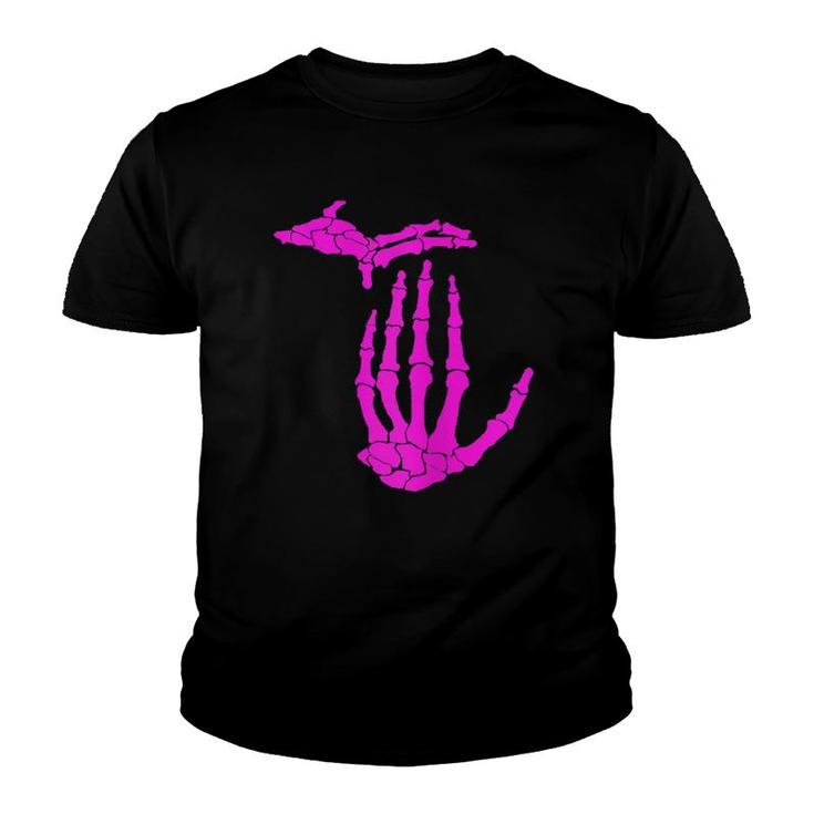 Womens Michigan Pink Skeleton Hand Youth T-shirt